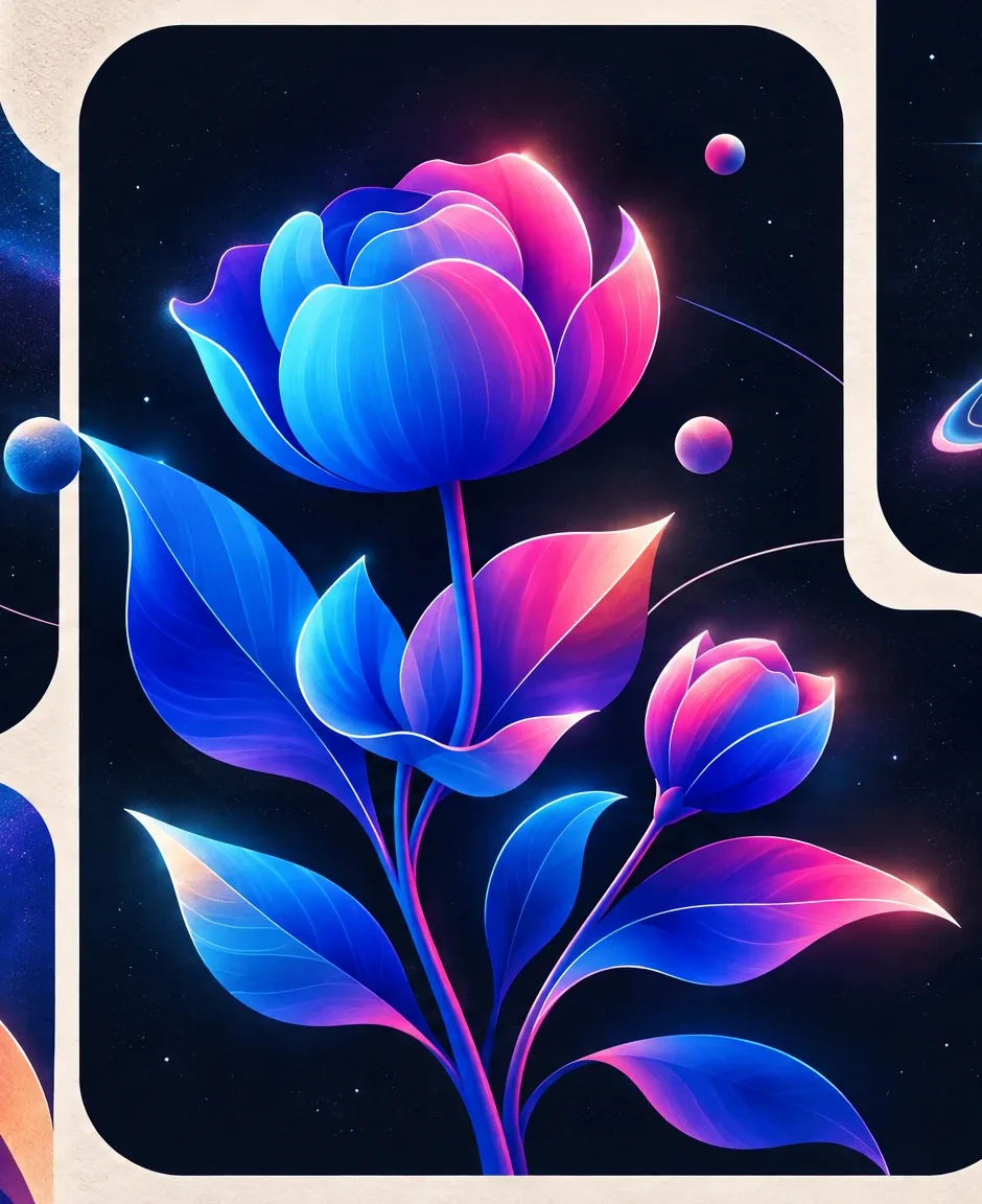 Luminous magenta and blue botanical petals, leaves and stems