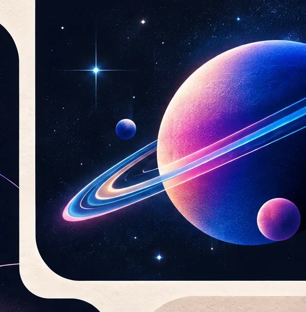 Blue and pink ringed planet with small orbiting spheres in a dark starry setting