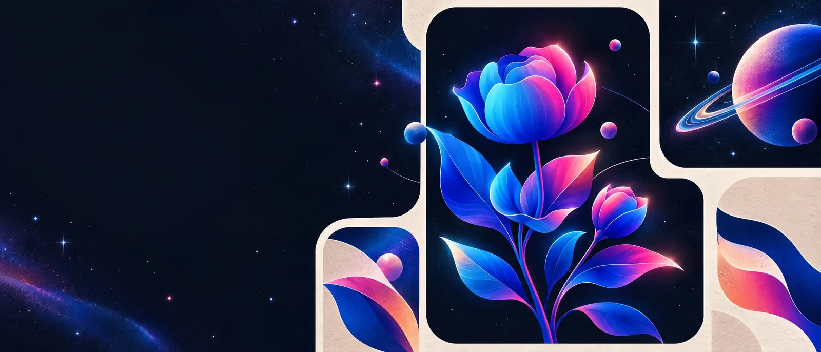 Panoramic portfolio artwork with blue-magenta botanicals, ringed planets and cream paper-cut framing